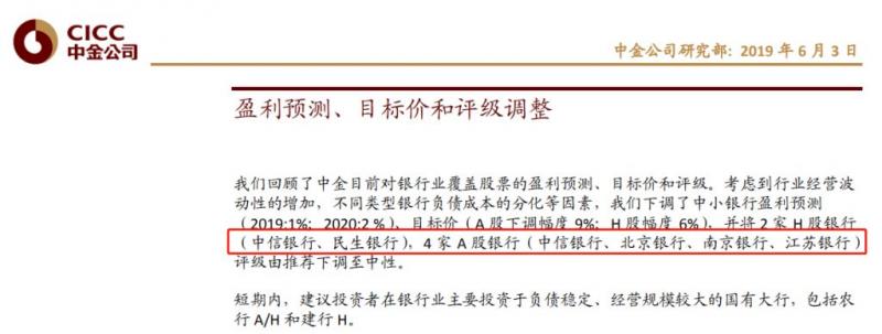 中金：下调中信银行等五家银行评级，中小银行去杠杆带来短期波动