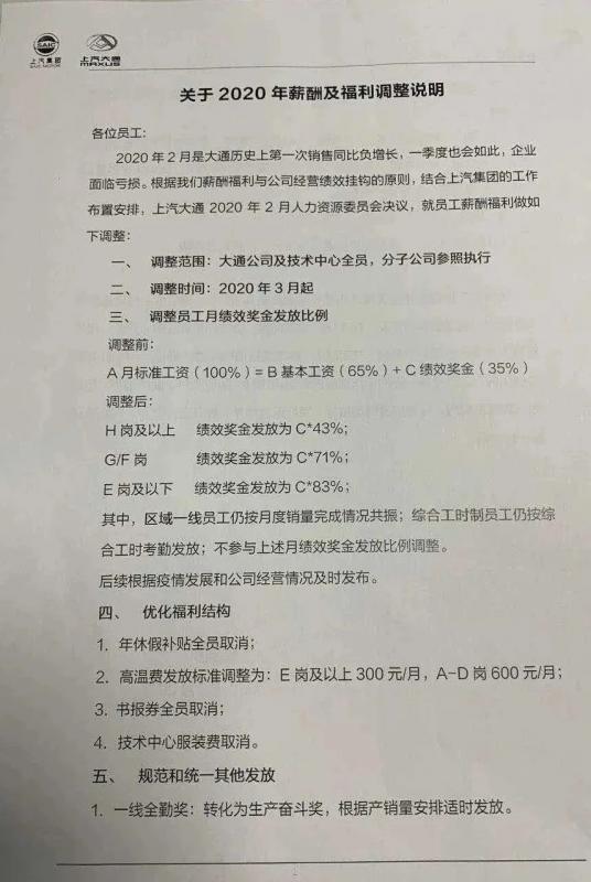 首个宣布降薪的大型车企，上汽集团员工降薪文件曝光