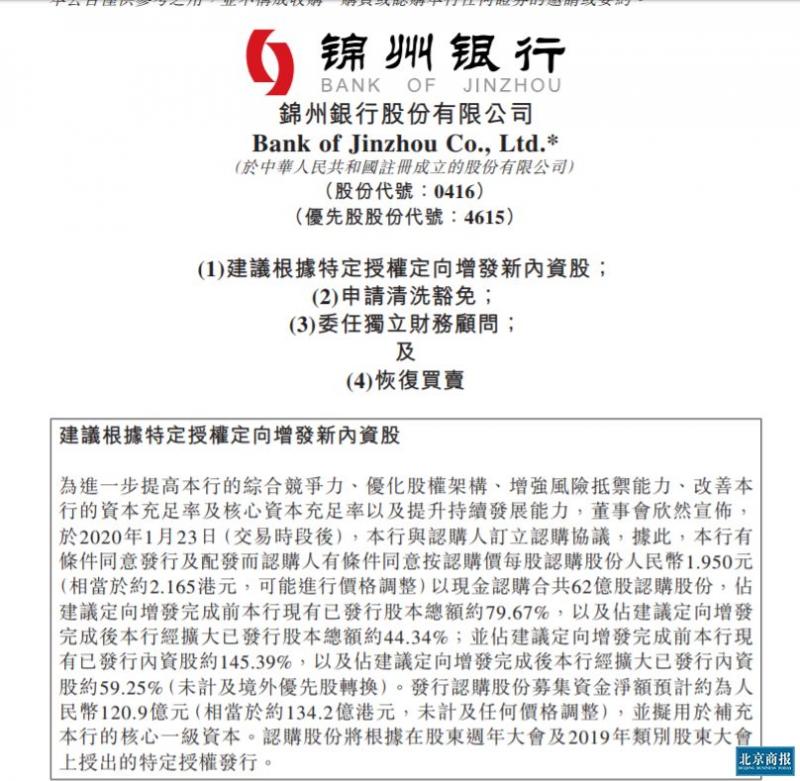 央行管理企业汇达资产向锦州银行注资约100亿元！