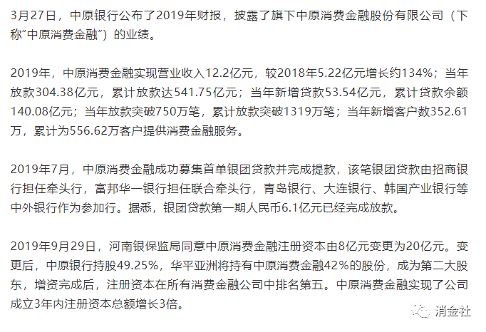 中原消费金融2019年业绩曝光！全年营收12.2亿，同比增长134%