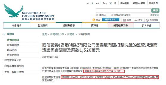 23亿“可疑存款”！香港证监会出手打击洗钱：国信证券香港子公司被罚1520万